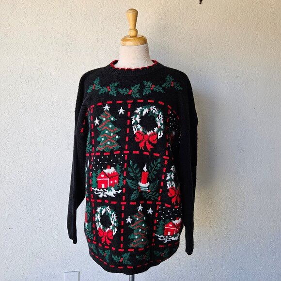 Vintage Sweaters - Vintage 90s Black Acrylic Long Sleeve Ugly Christmas Mom Sweater M/L